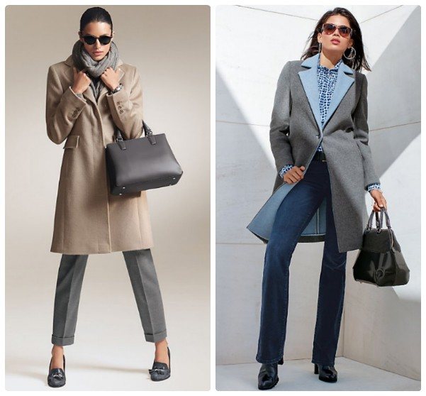 Бежевое и серое пальто с голубым воротником, до колена, средней длины