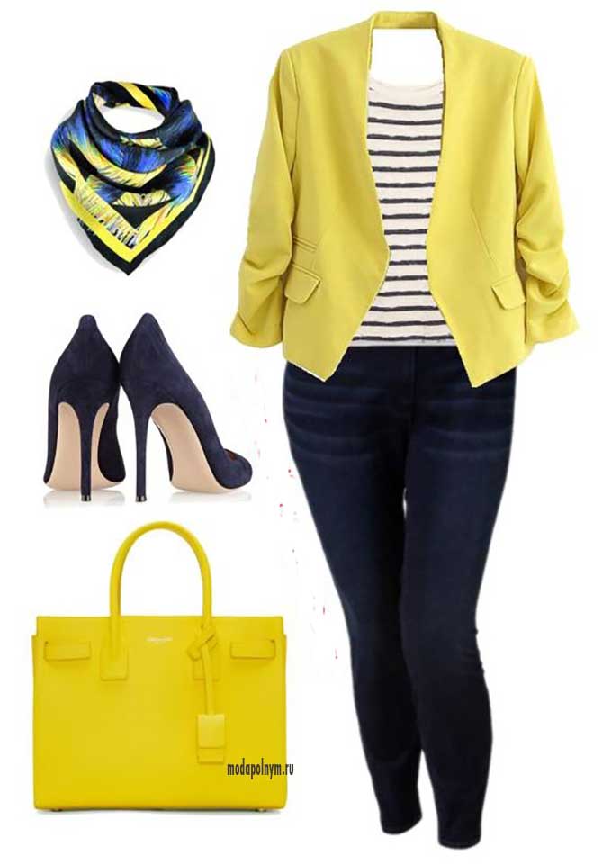 Кофточка в полоску для полных в аутфите с лимонным пиджаком