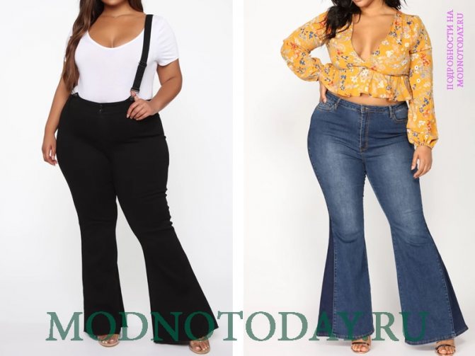 Примеры джинс и клеш с подтяжками для полных женщин