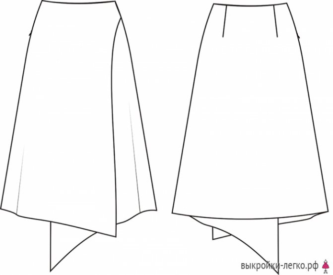 Технический рисунок готовой выкройки юбки-колокол с запахом